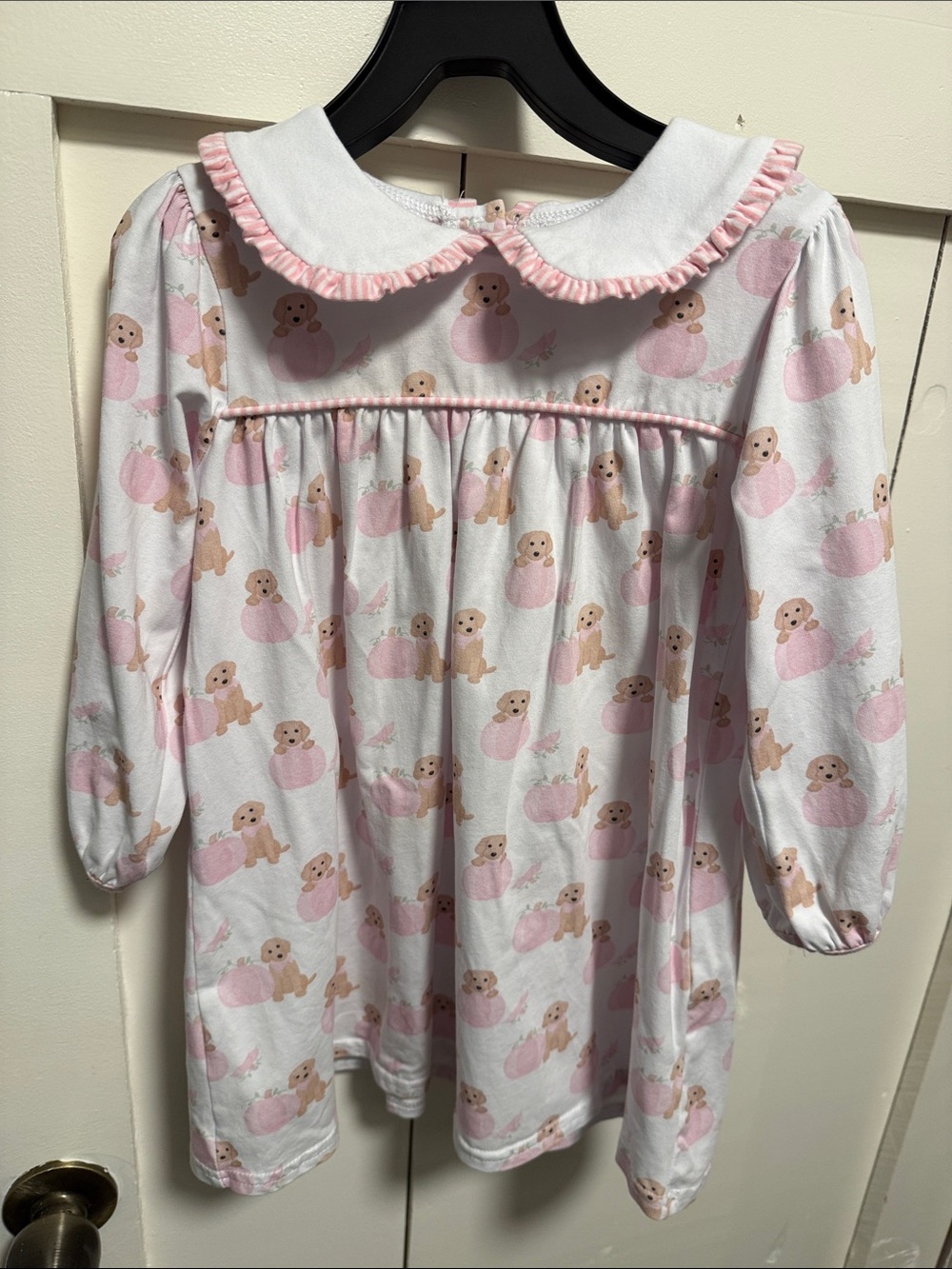 Little Girls Pink Puppy and Pumpkin Print Long-Sleeve Dress with Peter Pan Colla